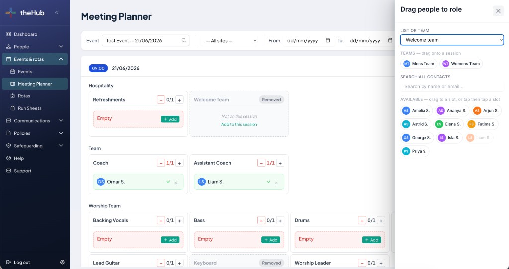 OnNuma Hub meeting planner with drag-and-drop rota assignments