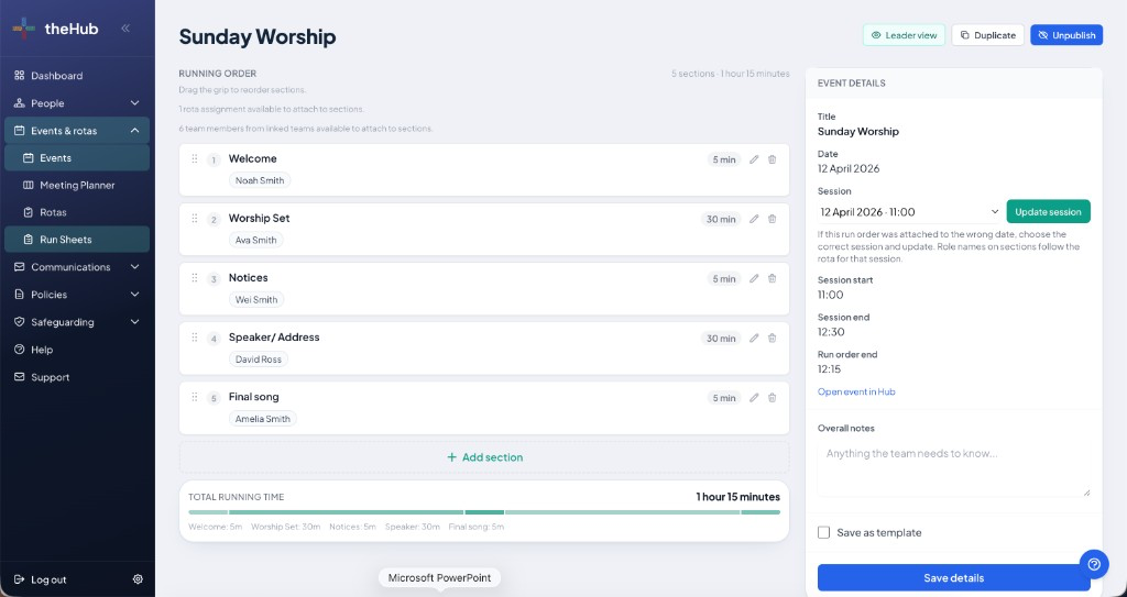 OnNuma Hub run sheet builder with running order and assigned leaders