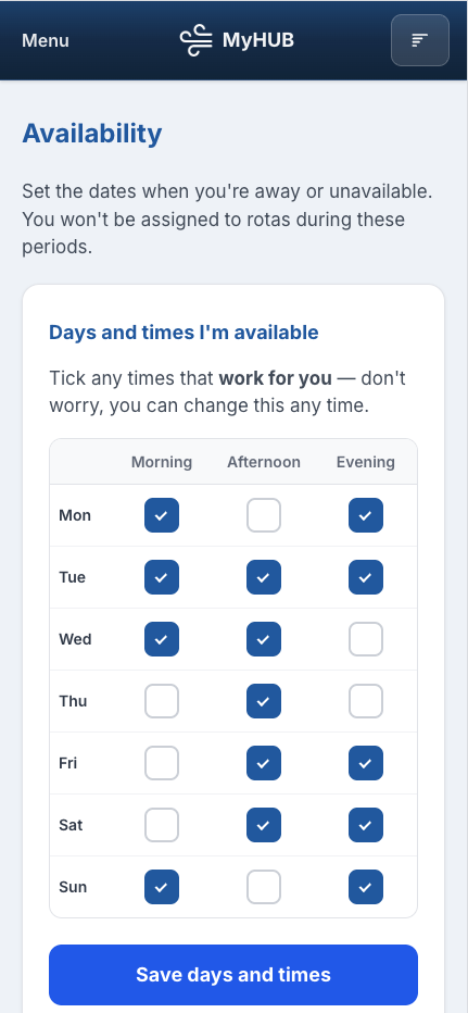 MyHub availability grid